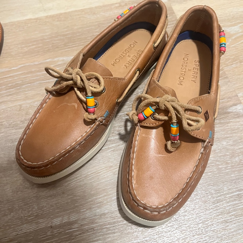 Sperry Brown Leather Boat Shoes with Colorful Beads
